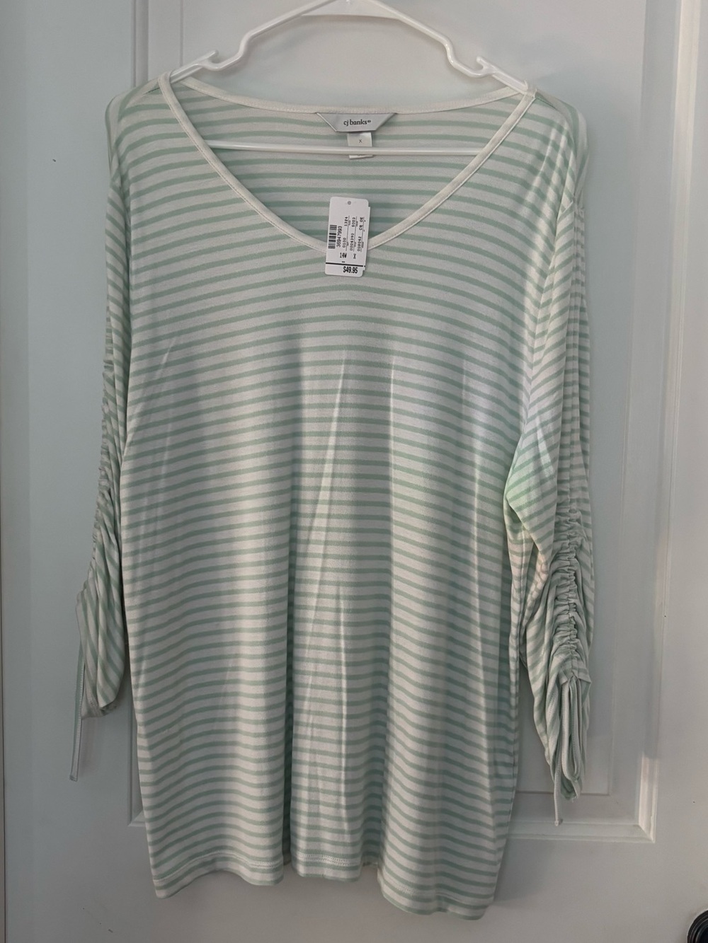 CJ Banks lightweight knit top 0X mint green and white stripe cinched sleeves